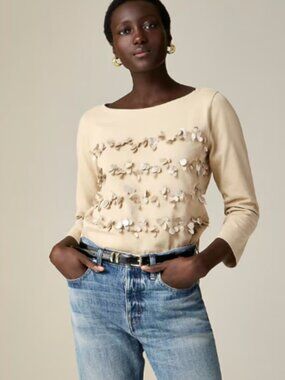 J. Crew Mariner Jersey Long-Sleeve Tee with Floral Sequins & Beading Beige-Sz M